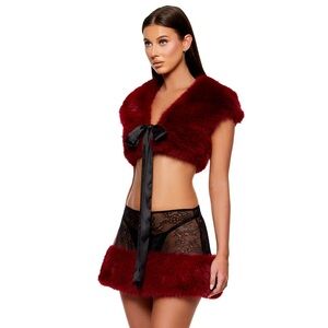 Red Fur Trimmed lace Lingerie Set apres ski mountain winter valentines holiday